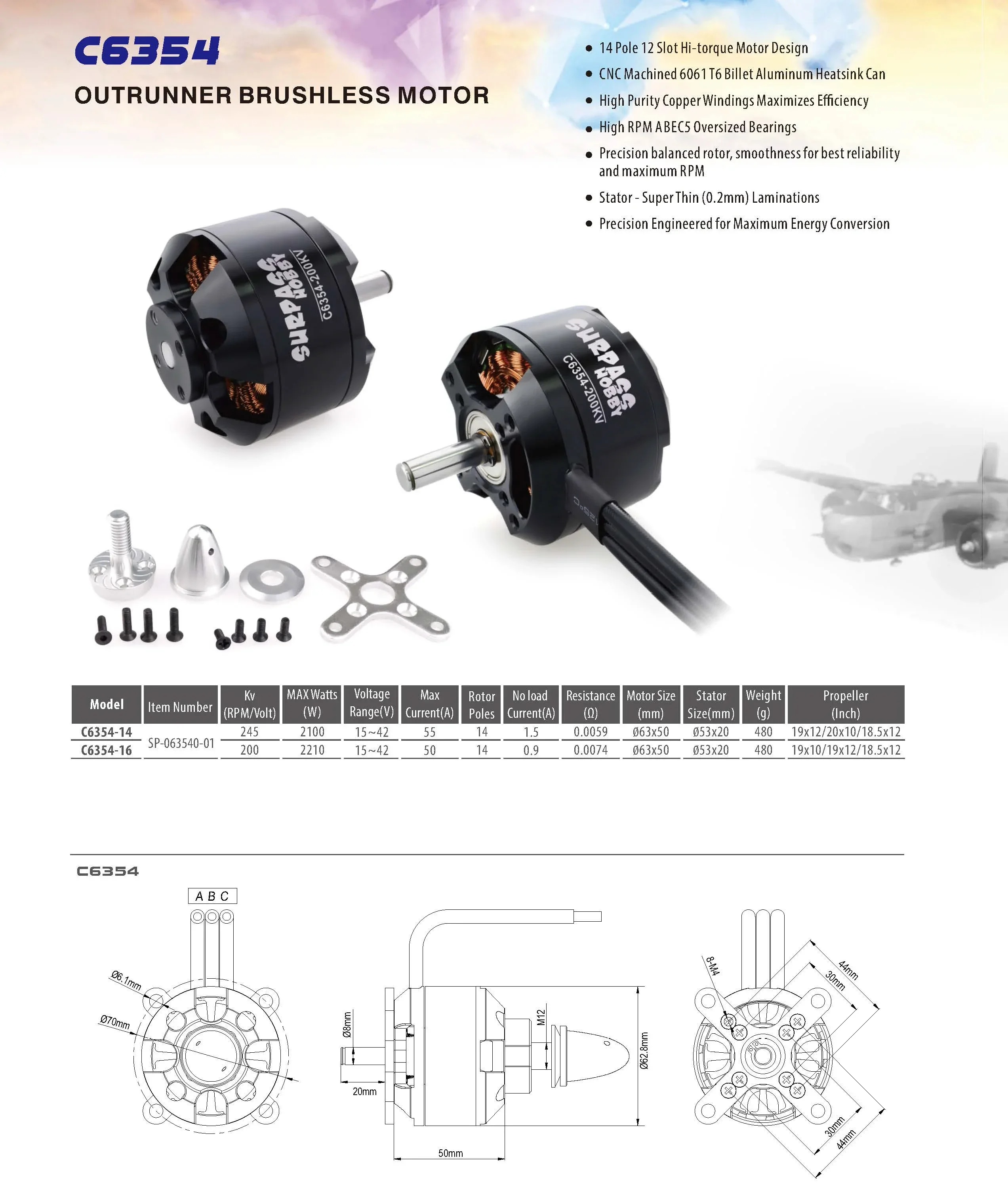 SURPASS HOBBY C6354 6354 200KV 245KV Outrunner Brushless Motor for RC Fixed-wing Airpalne Aircraft Multicopters Plane Helicopter
SURPASS HOBBY C6354 6354 200KV 245KV Outrunner Brushless Motor for RC Fixed-wing Airpalne Aircraft Multicopters Plane Helicopter