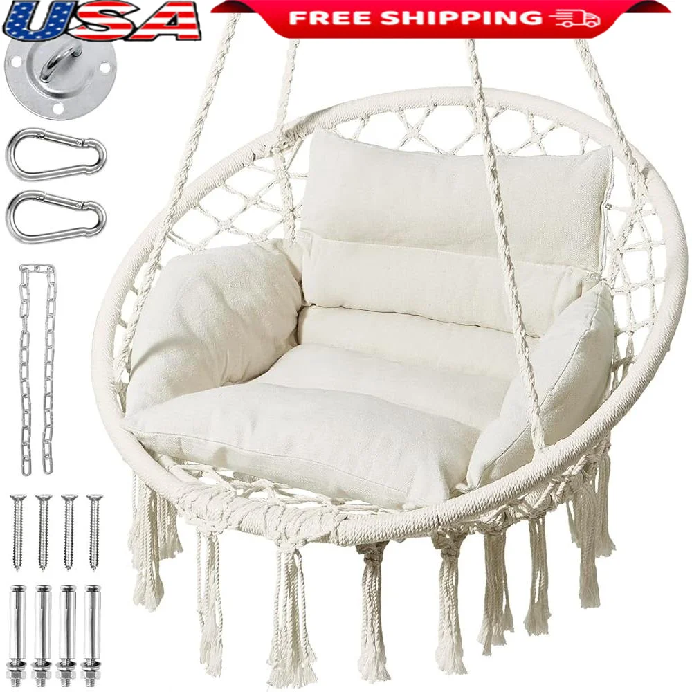 Macrame Hammock Chair with Cushion Indoor Outdoor Swing Chair Sturdy Iron Frame Relaxation Reading Balconies Patios
Macrame Hammock Chair with Cushion Indoor Outdoor Swing Chair Sturdy Iron Frame Relaxation Reading Balconies Patios