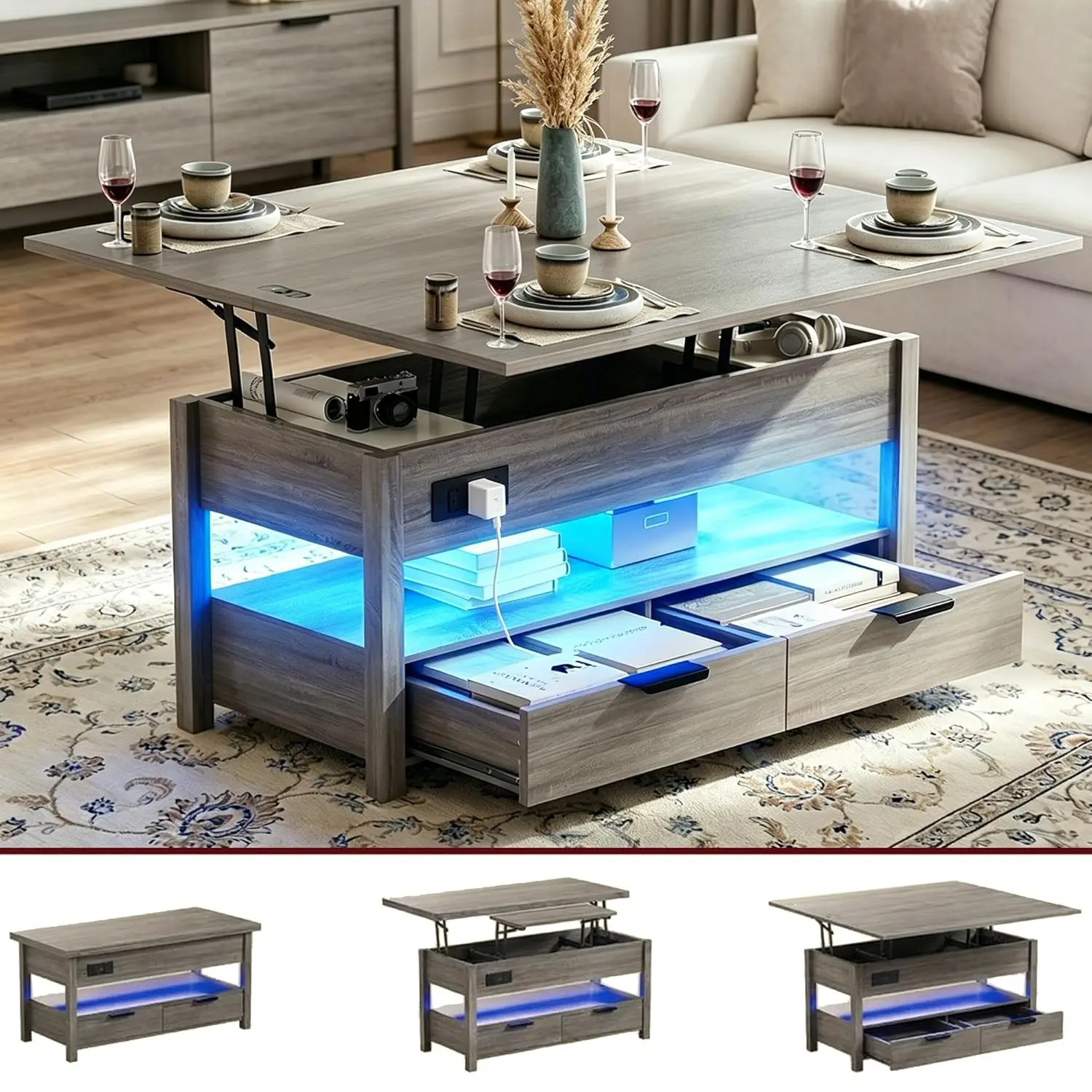 40" Lift Top Coffee Table Multi-Function Power Outlets LED Lights Storage 2 Drawers Living Room Grey Customized
40" Lift Top Coffee Table Multi-Function Power Outlets LED Lights Storage 2 Drawers Living Room Grey Customized