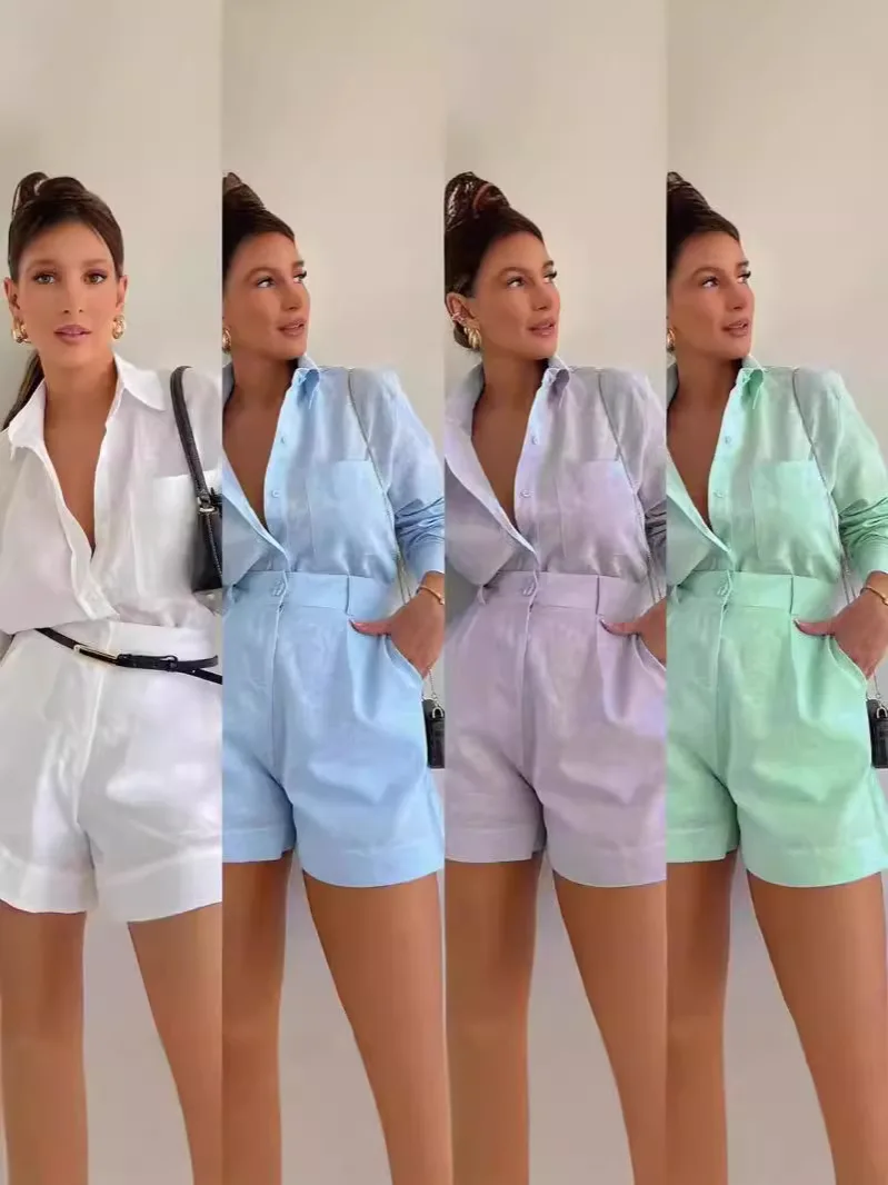 Women White Blue Lapel Button Shirts 2 Pieces Sets Casual Solid Long Sleeve Blouse High Waist Shorts Set Summer Elegant Suit
Women White Blue Lapel Button Shirts 2 Pieces Sets Casual Solid Long Sleeve Blouse High Waist Shorts Set Summer Elegant Suit