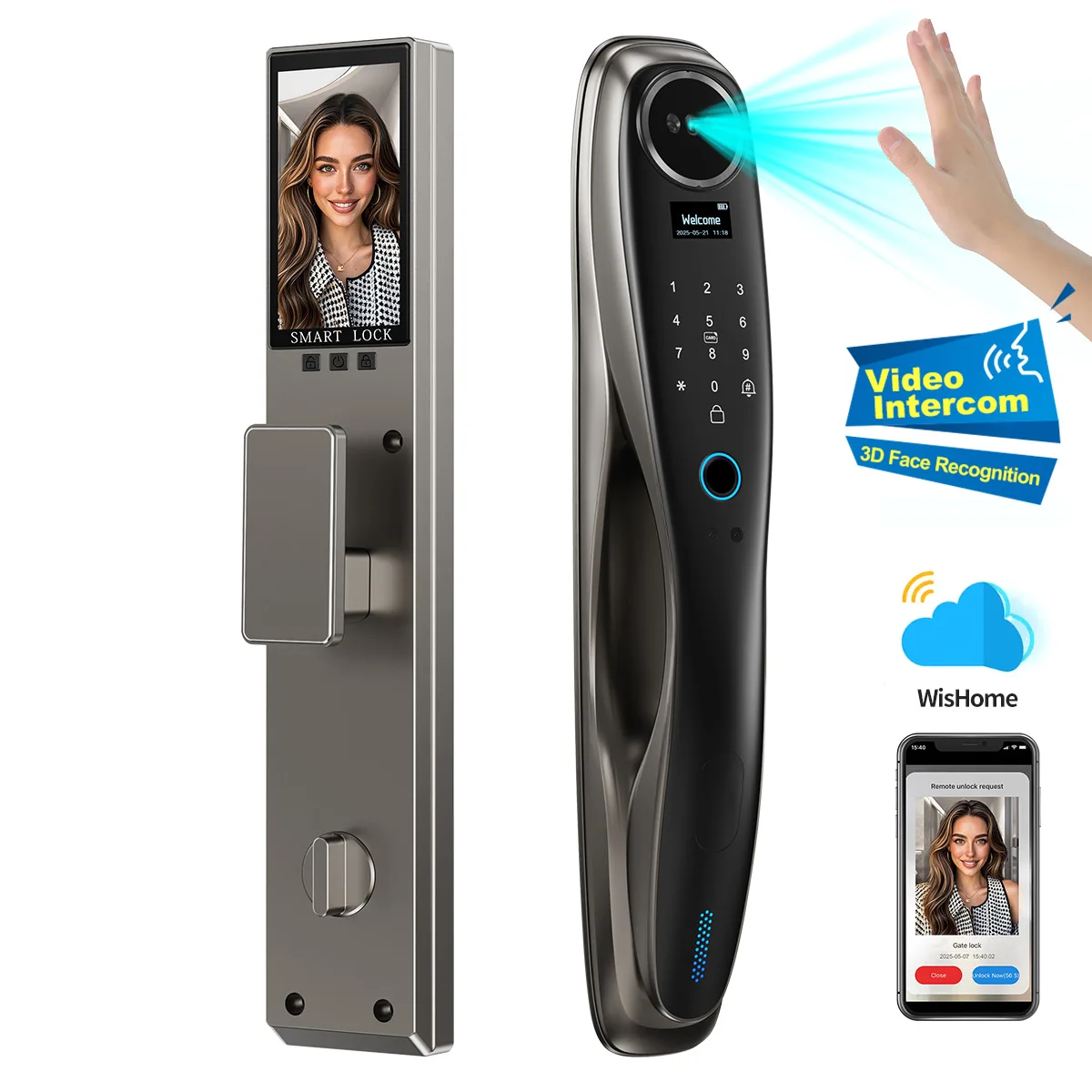 Palm vein 3D facial recognition application Smart lock Password card Key unlock Video call Digital lock for front door
Palm vein 3D facial recognition application Smart lock Password card Key unlock Video call Digital lock for front door