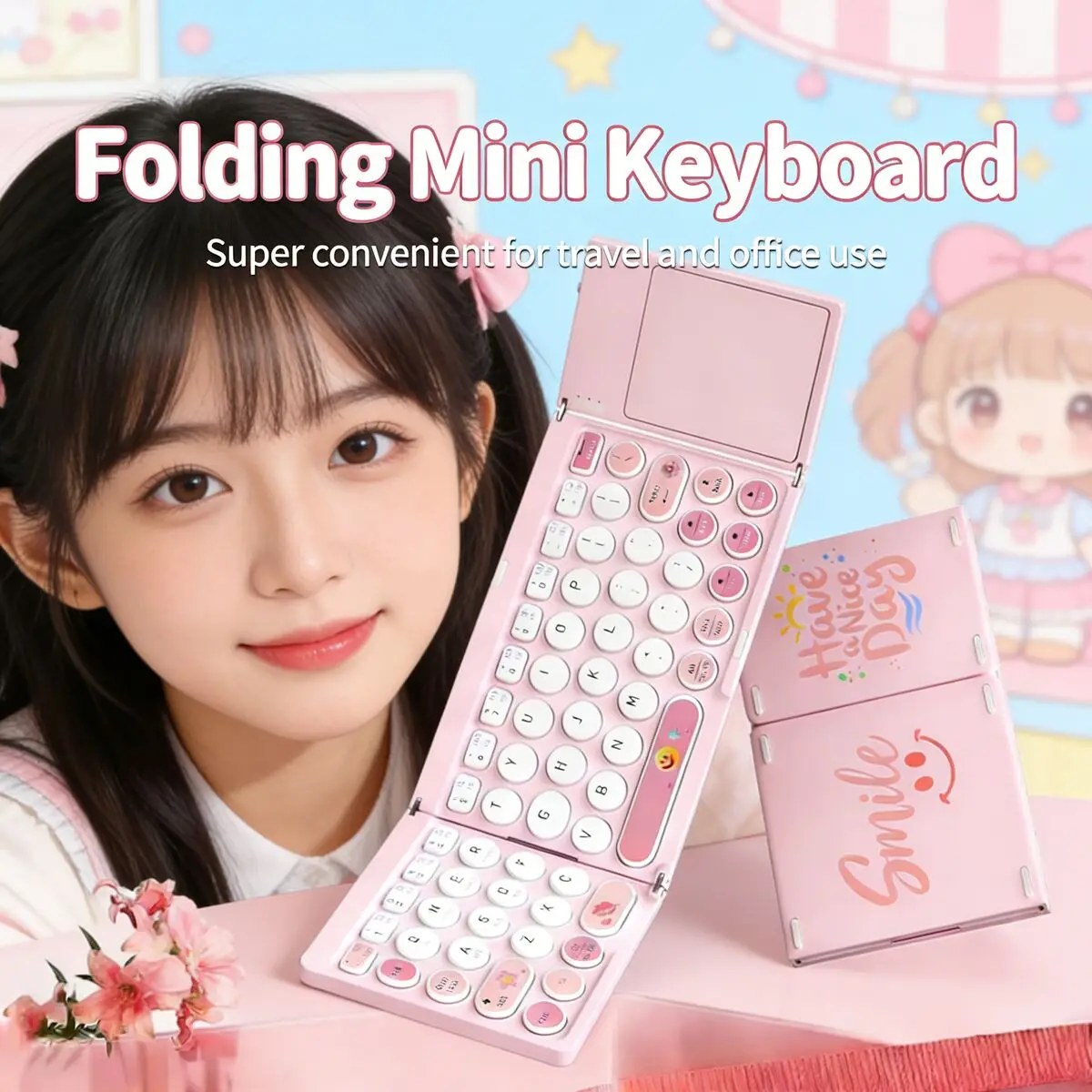 Cute Pink Tri-Fold Bluetooth Wireless Keyboard Ultra-Thin Rechargeable Universal for iOS Android Tablet iPad Laptop Girls Gift
Cute Pink Tri-Fold Bluetooth Wireless Keyboard Ultra-Thin Rechargeable Universal for iOS Android Tablet iPad Laptop Girls Gift