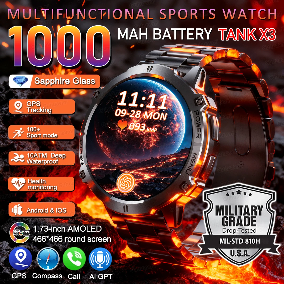 2025 New Military Smart Watch For Men 1000Mah Battery GPS Compass 10ATM Waterproof Flashlight Voice Call Sport Smart Watch Man
2025 New Military Smart Watch For Men 1000Mah Battery GPS Compass 10ATM Waterproof Flashlight Voice Call Sport Smart Watch Man