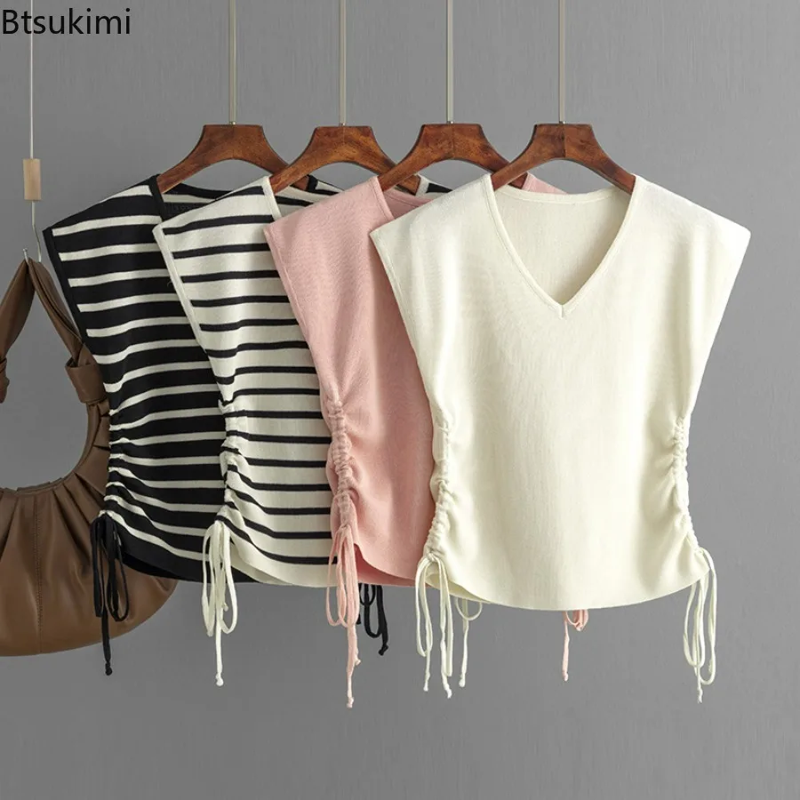 2024 Women's Summer Ice Silk Sleeveless Shirts Knitted Tees V-neck Summer Tees Crop Tops Chic Drawstring Tunic T-shirt Female
2024 Women's Summer Ice Silk Sleeveless Shirts Knitted Tees V-neck Summer Tees Crop Tops Chic Drawstring Tunic T-shirt Female