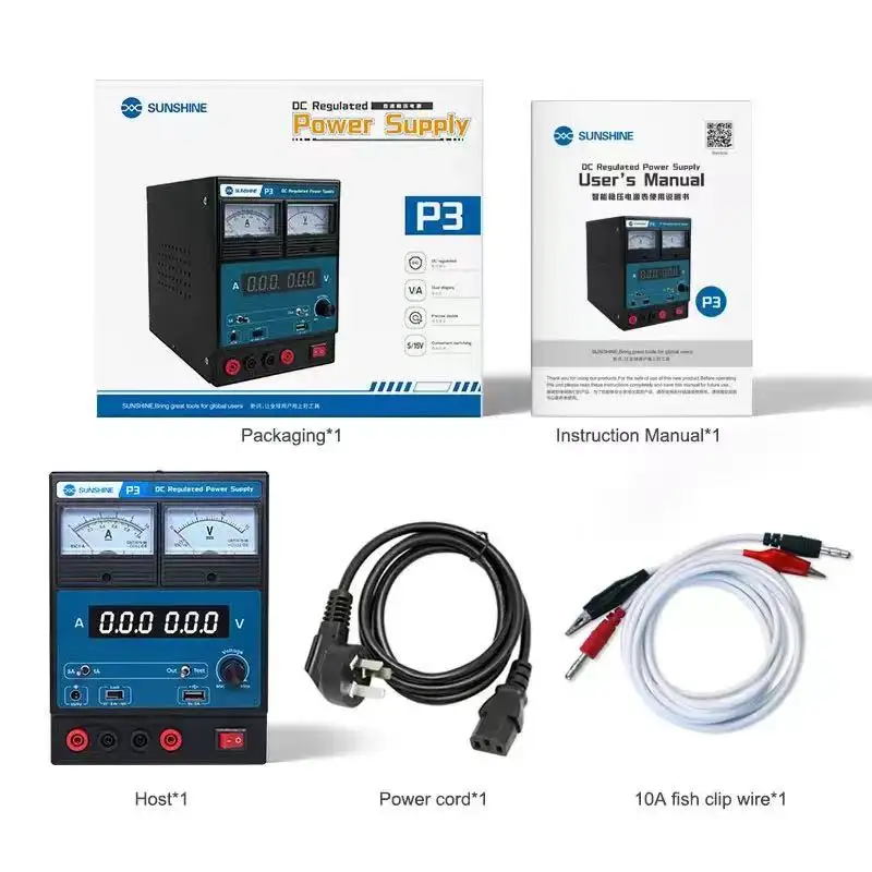 SUNSHINE P3 DC Regulated Power supply 5V/8.4V/15VSwitching Dual Digital Display Dual Pointers Automatic Short Circuit Protection
SUNSHINE P3 DC Regulated Power supply 5V/8.4V/15VSwitching Dual Digital Display Dual Pointers Automatic Short Circuit Protection