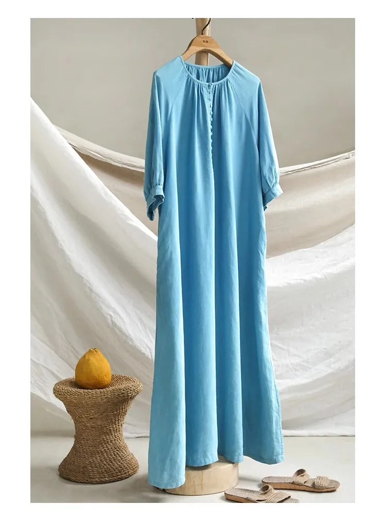 Women Summer Half Sleeve O Neck Cotton Linen Long Dress Blue Elegant Breathable Casual Loose Midi Vestidos Female Robe F435
Women Summer Half Sleeve O Neck Cotton Linen Long Dress Blue Elegant Breathable Casual Loose Midi Vestidos Female Robe F435