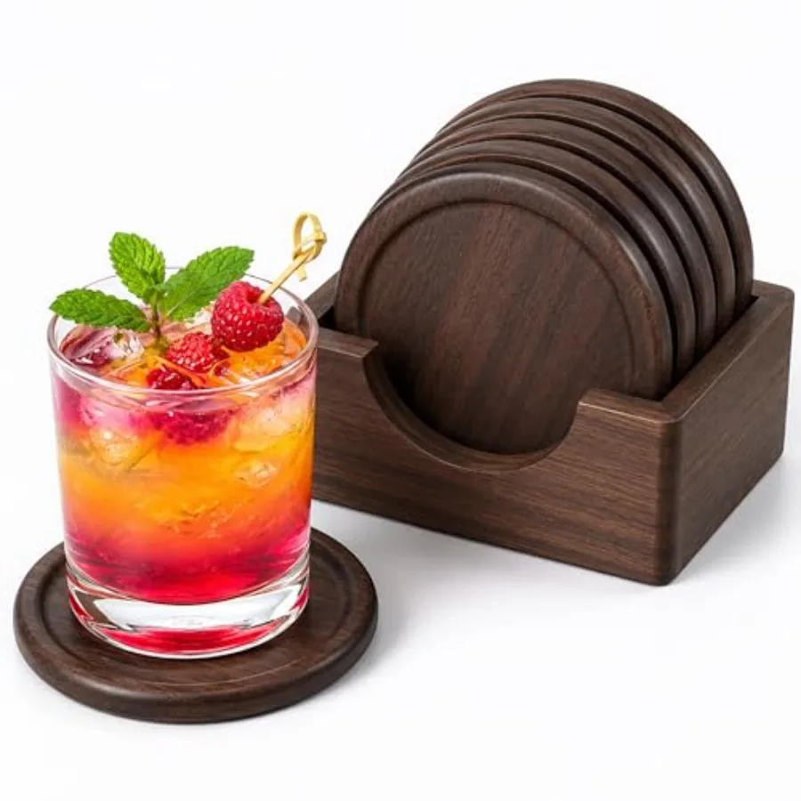 6 Pcs Walnut Wood Coasters for Drinks with Holder, Wooden Drink Coasters for Coffee Table, Modern Coaster Set for Home, Office,
6 Pcs Walnut Wood Coasters for Drinks with Holder, Wooden Drink Coasters for Coffee Table, Modern Coaster Set for Home, Office,