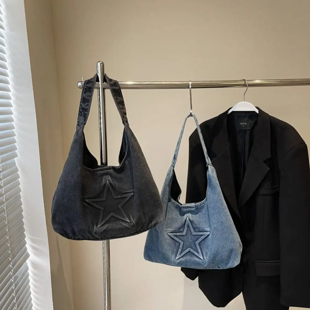 Casual Leisure Denim Tote Bag Harajuku Star Pattern Canvas Shoulder Bag Hobo Bag Large Capacity Women Handbag Daily 
Casual Leisure Denim Tote Bag Harajuku Star Pattern Canvas Shoulder Bag Hobo Bag Large Capacity Women Handbag Daily