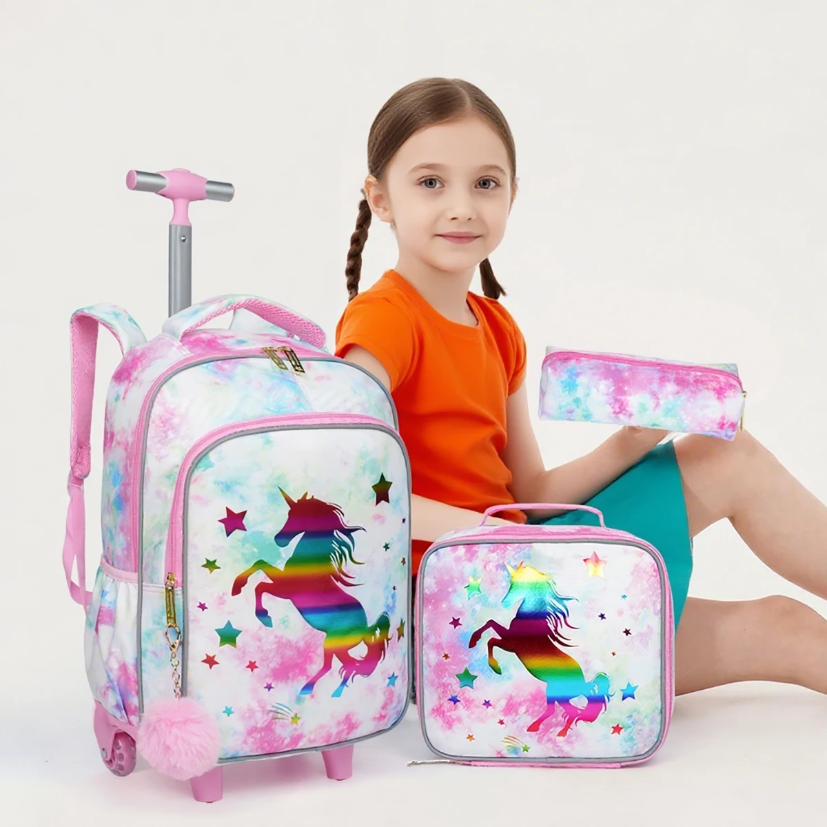 3PCS Kids travel bag, Luggage Bag, Bookbag with wheels, With Lunch Box And Pen Bag, Pink Cartoon Unicorn, Nighttime reflective
3PCS Kids travel bag, Luggage Bag, Bookbag with wheels, With Lunch Box And Pen Bag, Pink Cartoon Unicorn, Nighttime reflective