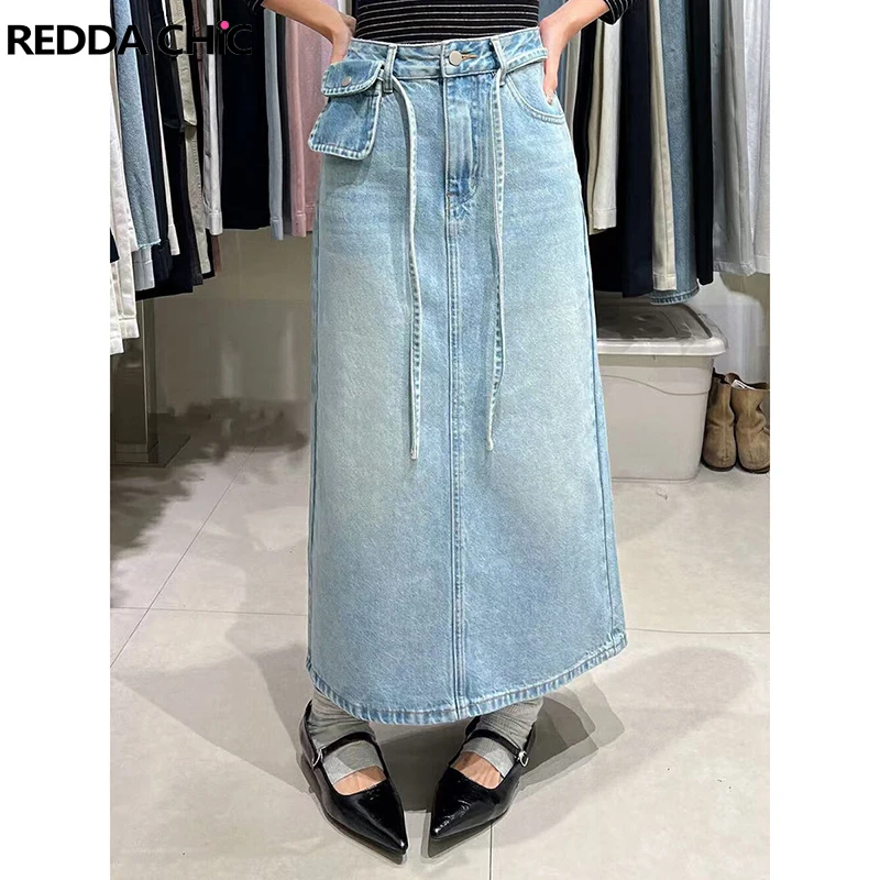 ReddaChic Women Belted Denim Skirt with Removable Pocket Do Old Bleached Slit Back Low Waist Midi Long Skirt Korean Streetwear
ReddaChic Women Belted Denim Skirt with Removable Pocket Do Old Bleached Slit Back Low Waist Midi Long Skirt Korean Streetwear