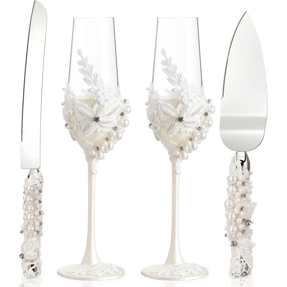 Pearl Wedding Champagne Lutes and Cake Knie Server Set of 4, Champagne Toasting Glasses with Pearls or Bride and Groom Engagemen
Pearl Wedding Champagne Lutes and Cake Knie Server Set of 4, Champagne Toasting Glasses with Pearls or Bride and Groom Engagemen