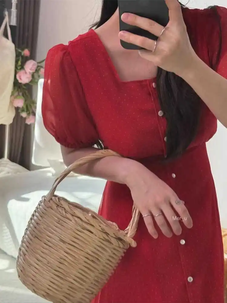 Clothland Women Sweet Red Dot Chiffon Dress Square Collar Short Sleeve Back Sashes Summer Female Chic Midi Dresses QE096
Clothland Women Sweet Red Dot Chiffon Dress Square Collar Short Sleeve Back Sashes Summer Female Chic Midi Dresses QE096