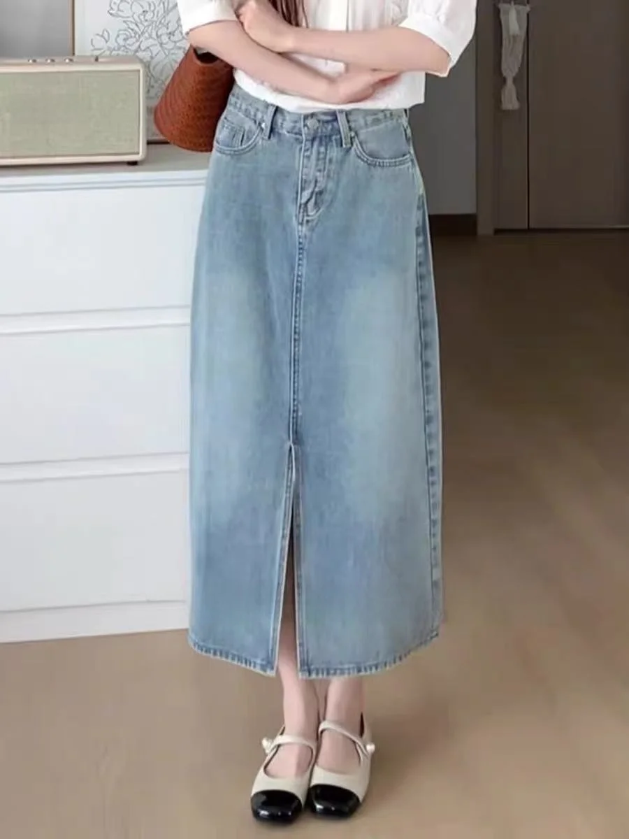 High Waist A-Line Skirt Women's Summer Thin Denim Silk Slimming Drapey Slit Mid-Length Skirts Korean Style Commute
High Waist A-Line Skirt Women's Summer Thin Denim Silk Slimming Drapey Slit Mid-Length Skirts Korean Style Commute