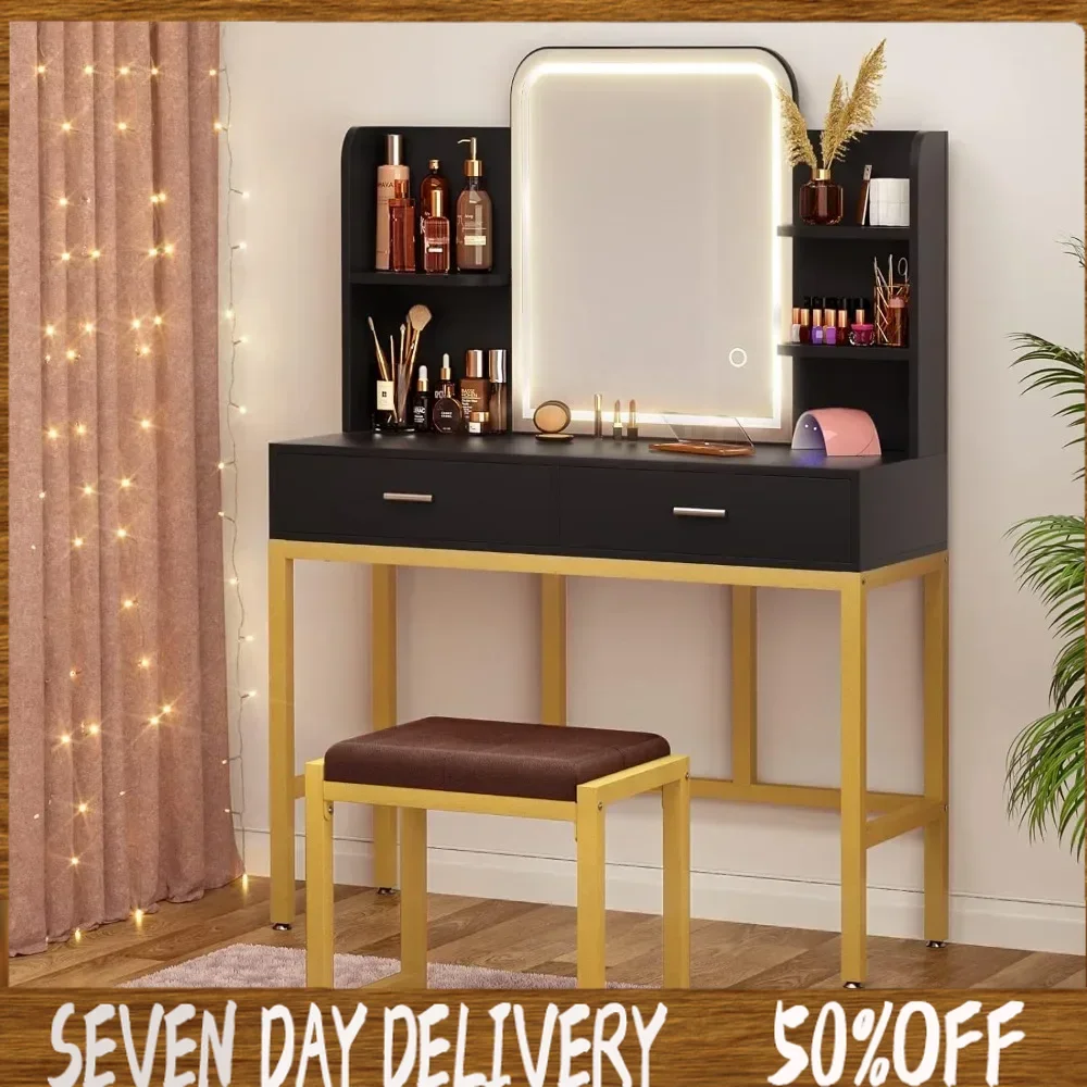 Vanity Desk with LED Lighted Mirror, Makeup Vanity with Cushioned Stool, Vanity Table Set with 3 Color Lighting Options,
Vanity Desk with LED Lighted Mirror, Makeup Vanity with Cushioned Stool, Vanity Table Set with 3 Color Lighting Options,