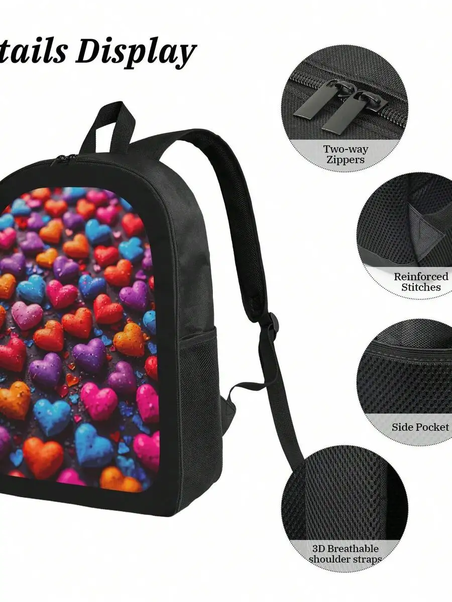 Black Backpack With Vibrant Heart Print Large Capacity For Daily Commute And Travel
Black Backpack With Vibrant Heart Print Large Capacity For Daily Commute And Travel