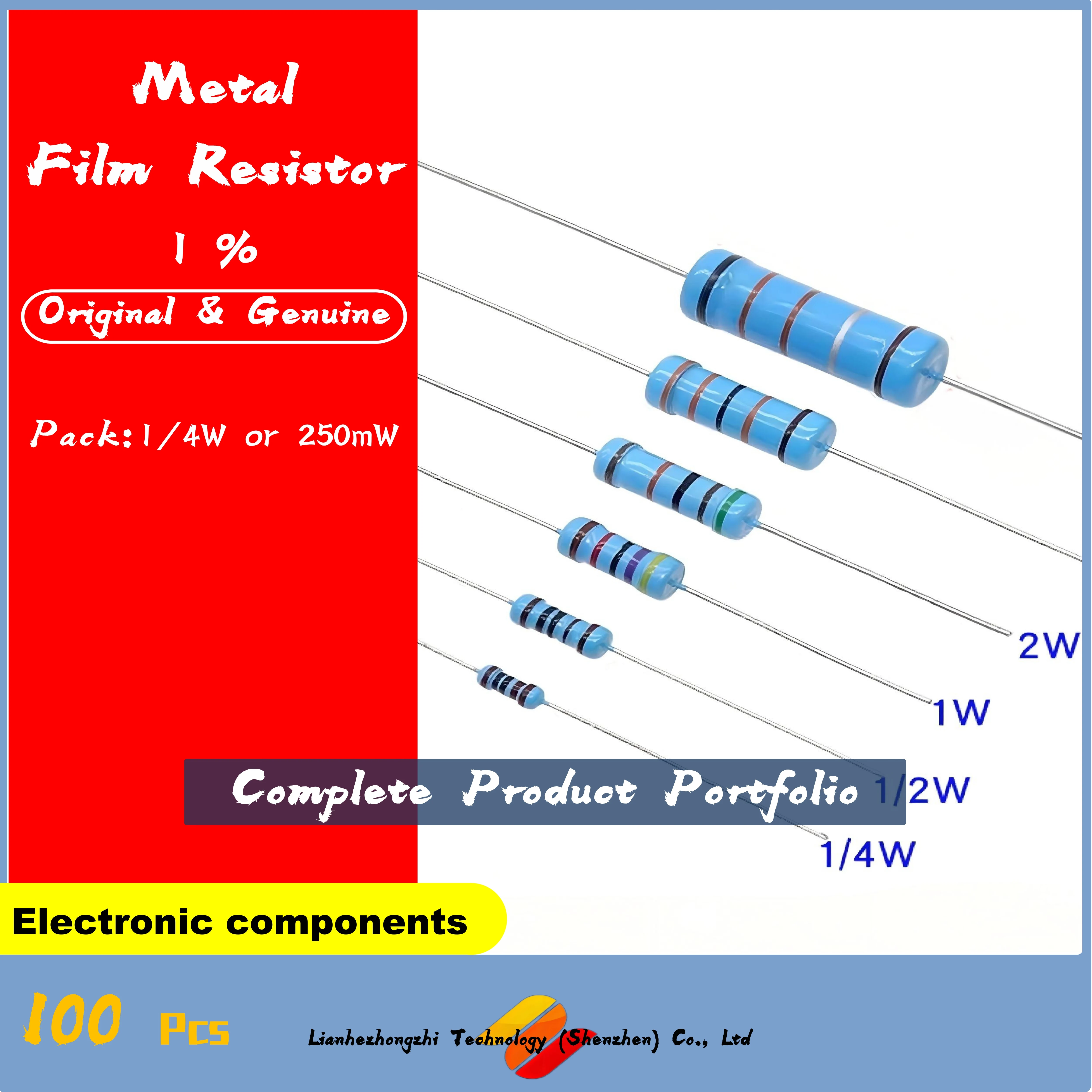 100pcs 1/4W Metal Film Resistor 1% 0R-22M 0.25W 0 2.2 10 100 150 220 270 330 470 1K 2.2K 4.7K 10K 47K 100K 470K 1M 10M 20M ohms 
100pcs 1/4W Metal Film Resistor 1% 0R-22M 0.25W 0 2.2 10 100 150 220 270 330 470 1K 2.2K 4.7K 10K 47K 100K 470K 1M 10M 20M ohms