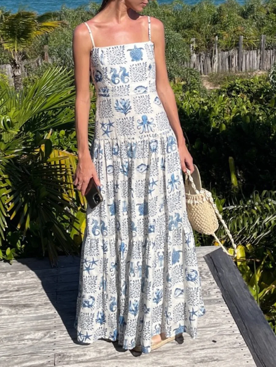 Seafish Print Women's Casual Linen Dress Summer Sleeveless Holiday Female Sling Robe
Seafish Print Women's Casual Linen Dress Summer Sleeveless Holiday Female Sling Robe