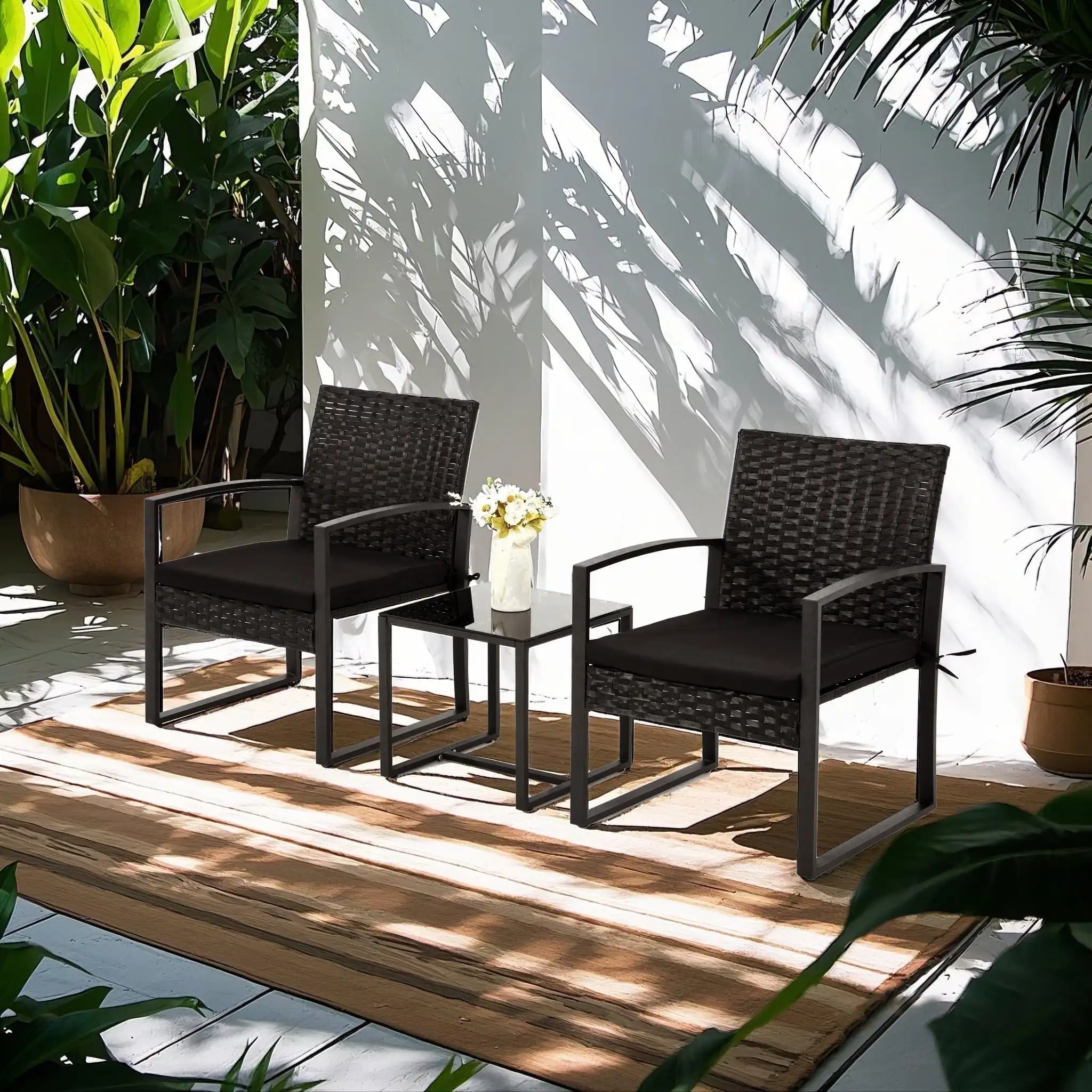 3-Piece Patio Bistro Set, Outdoor Rattan Furniture Set with Coffee Table, Ideal for Outdoor Use, Black
3-Piece Patio Bistro Set, Outdoor Rattan Furniture Set with Coffee Table, Ideal for Outdoor Use, Black