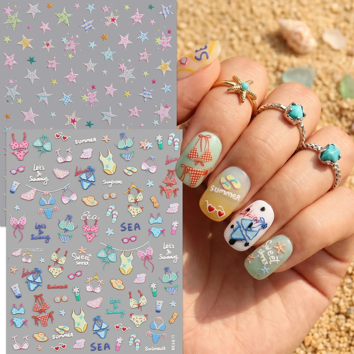 5D Relief Summer Bikini Nail Stickers, Colorful Plaid Star Textured Decals for Beach Vacation, Pool Party & DIY Manicure
5D Relief Summer Bikini Nail Stickers, Colorful Plaid Star Textured Decals for Beach Vacation, Pool Party & DIY Manicure