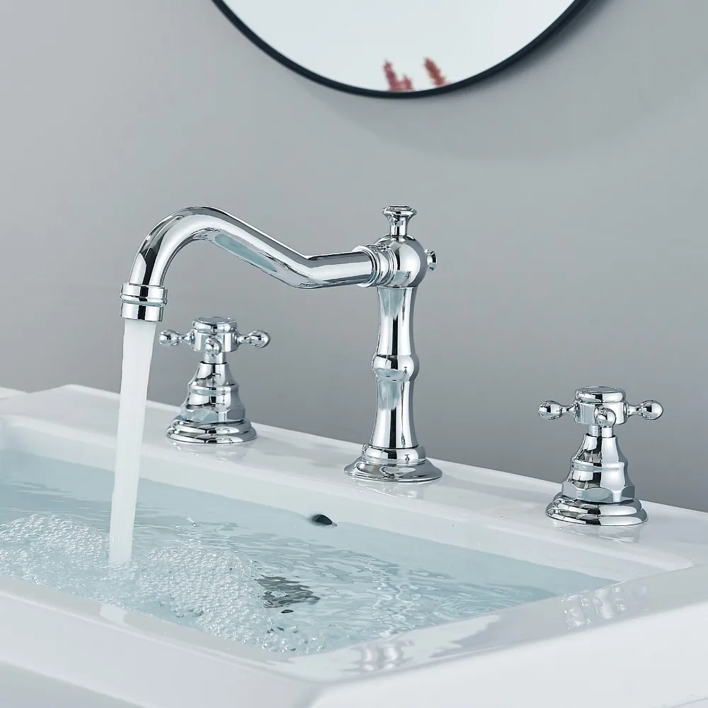 Хромированный широко распространенный смеситель для раковины в ванной комнате, 8 в 3 отверстия, 2 ручки, смеситель для раковины
Хромированный широко распространенный смеситель для раковины в ванной комнате, 8 в 3 отверстия, 2 ручки, смеситель для раковины