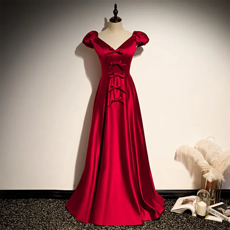 Customized Evening Dress Wine Red Satin Bow V-Neck Short Sleeves Floor-Length A-Line Plus size Woman Party Formal Gowns B1330
Customized Evening Dress Wine Red Satin Bow V-Neck Short Sleeves Floor-Length A-Line Plus size Woman Party Formal Gowns B1330