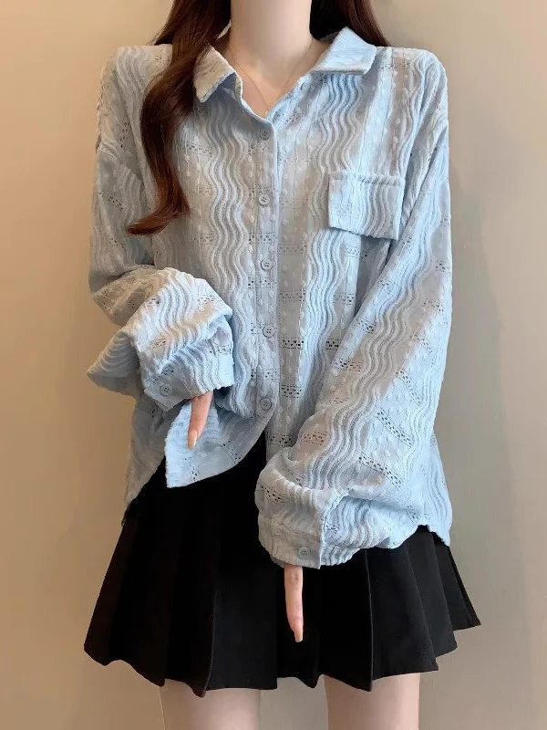 Light Blue Hollow out Shirt Women's Shoulder Length Outerwear Spring Summer plus Size Cute Unique Beautiful Top Korean Style
Light Blue Hollow out Shirt Women's Shoulder Length Outerwear Spring Summer plus Size Cute Unique Beautiful Top Korean Style
