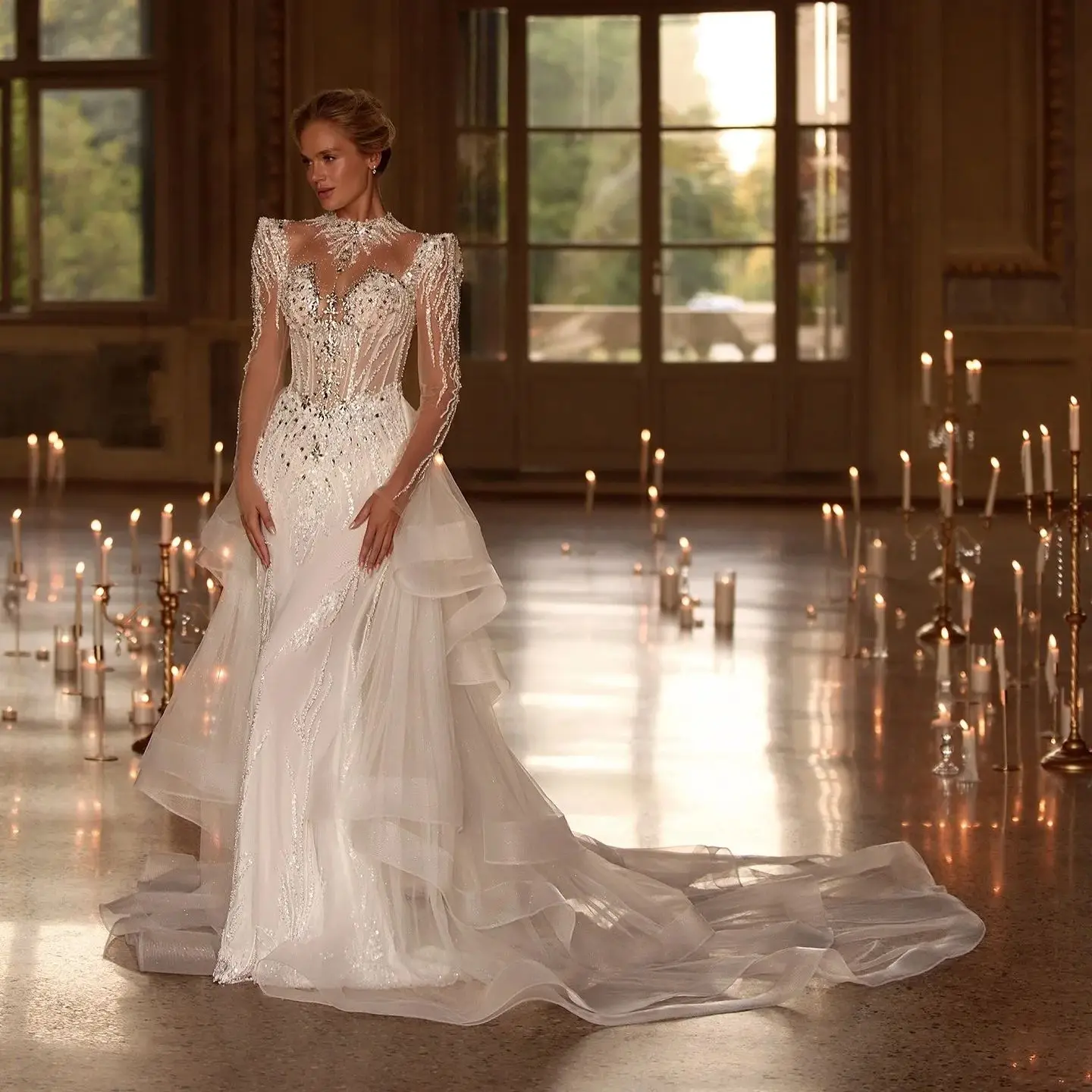Luxury Mermaid Wedding Dresses High Neck Beading Rhinestones Bride Gown Long Sleeve Detachable Train Vestido De Noiva Customized
Luxury Mermaid Wedding Dresses High Neck Beading Rhinestones Bride Gown Long Sleeve Detachable Train Vestido De Noiva Customized