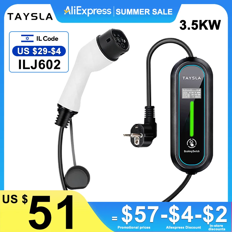 TAYSLA EV Charger Portable 3.5kW 16A TYPE 2 TYPE 1 J1772 Charger EU Plug Charging Cable Wallbox AC80V-260V for All Electric Car
TAYSLA EV Charger Portable 3.5kW 16A TYPE 2 TYPE 1 J1772 Charger EU Plug Charging Cable Wallbox AC80V-260V for All Electric Car