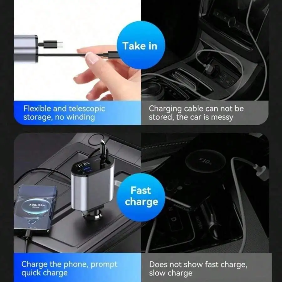120W 4-Port Car Charger With Retractable USB-C And Lightning Cables, Fast Charging For All Devices, Compact And Tangle-Free
120W 4-Port Car Charger With Retractable USB-C And Lightning Cables, Fast Charging For All Devices, Compact And Tangle-Free