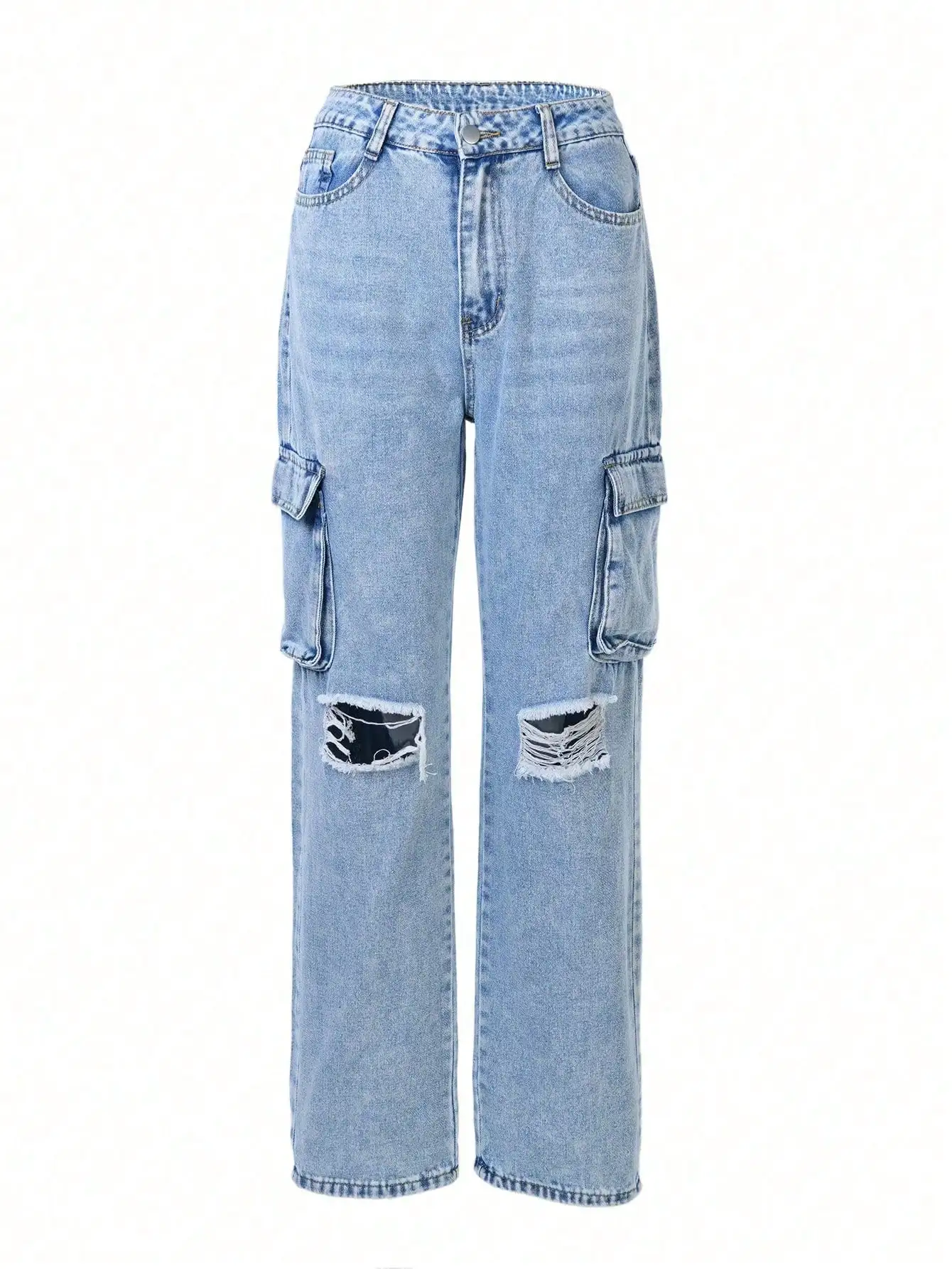 Женские рваные джинсовые брюки-карго с боковыми карманами, высокой талией, светлого оттенка, свободного кроя
Женские рваные джинсовые брюки-карго с боковыми карманами, высокой талией, светлого оттенка, свободного кроя