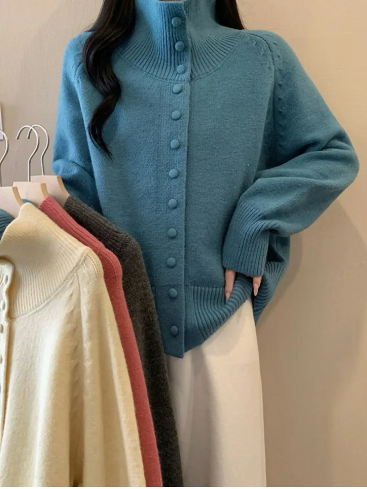 Свободный ленивый трикотажный кардиган с высоким воротником, женский осенне-зимний утягивающий вязаный топ больших размеров, большой мм 
Свободный ленивый трикотажный кардиган с высоким воротником, женский осенне-зимний утягивающий вязаный топ больших размеров, большой мм