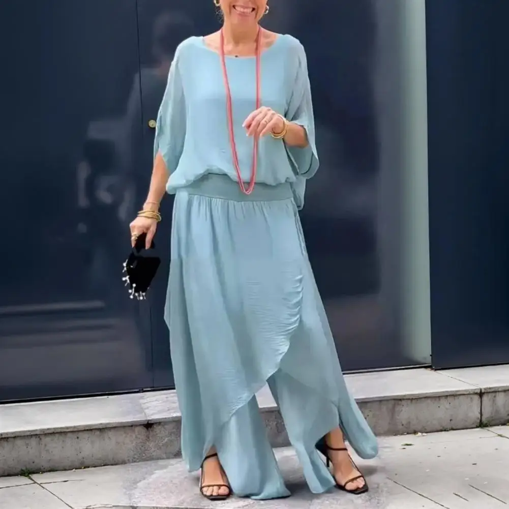 Женский шифоновый топ и брюки, весна-лето, повседневный комплект из двух предметов с круглым вырезом, широкие брюки, струящийся свадебный наряд для гостей, 2 шт./компл. 
Женский шифоновый топ и брюки, весна-лето, повседневный комплект из двух предметов с круглым вырезом, широкие брюки, струящийся свадебный наряд для гостей, 2 шт./компл.