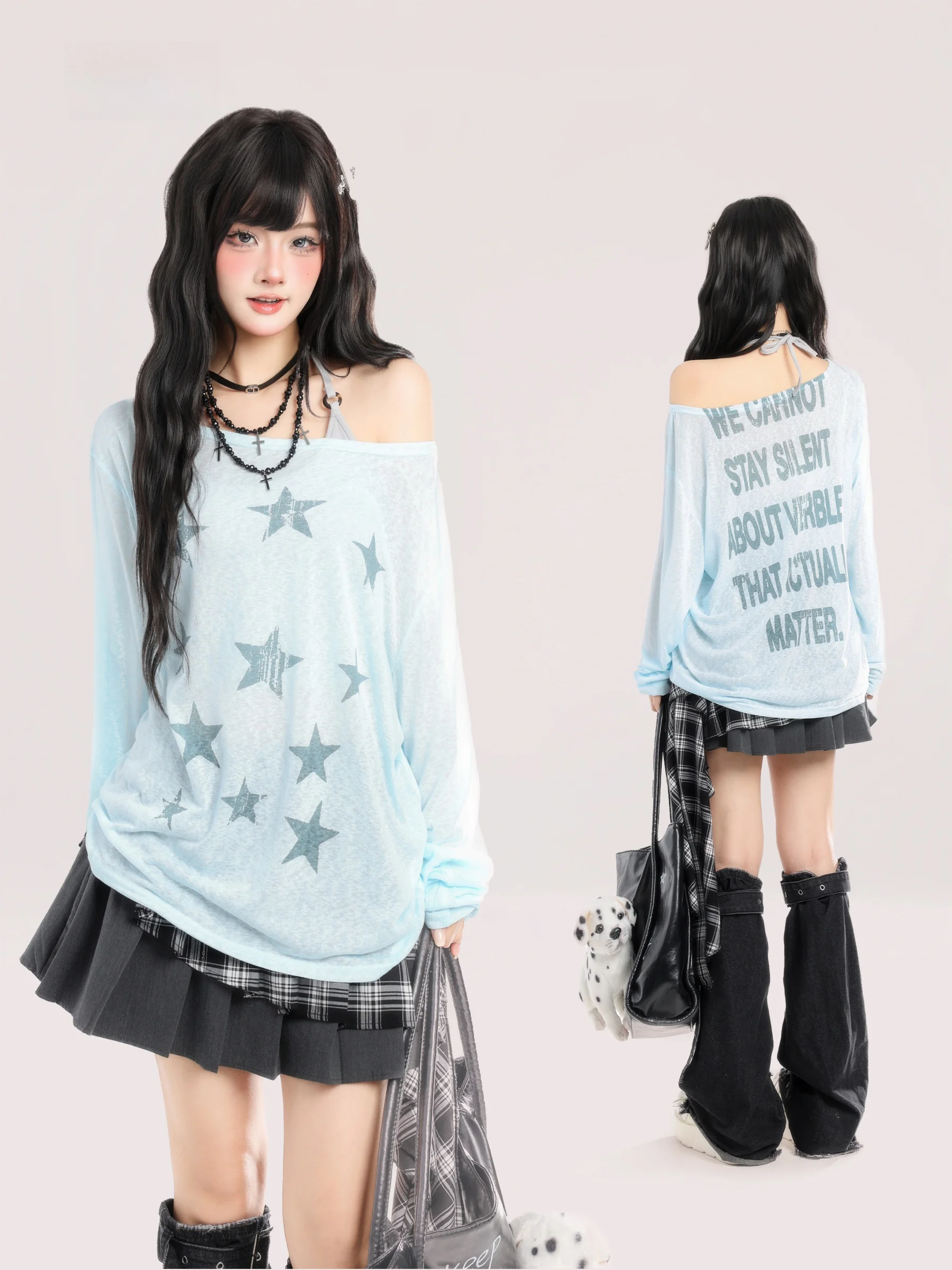 Sweet Spicy Girl Star Letter Print Double-Sided Wear oulder Bared Long Sve T-irt Women Spring Slimming Trendy Top
Sweet Spicy Girl Star Letter Print Double-Sided Wear oulder Bared Long Sve T-irt Women Spring Slimming Trendy Top