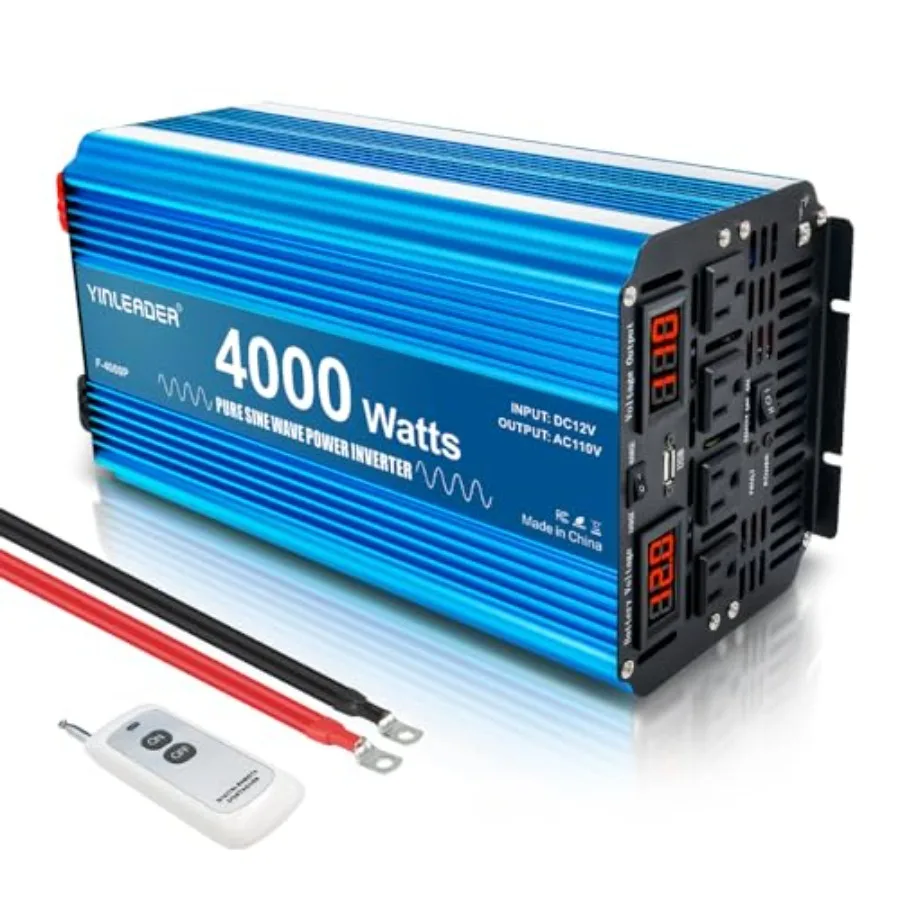 Truck and RV power inverter: pure sine wave, 4000W continuous/ 8000W peak, 12V to 110V/120V, black aluminum housing, LCD displa
Truck and RV power inverter: pure sine wave, 4000W continuous/ 8000W peak, 12V to 110V/120V, black aluminum housing, LCD displa