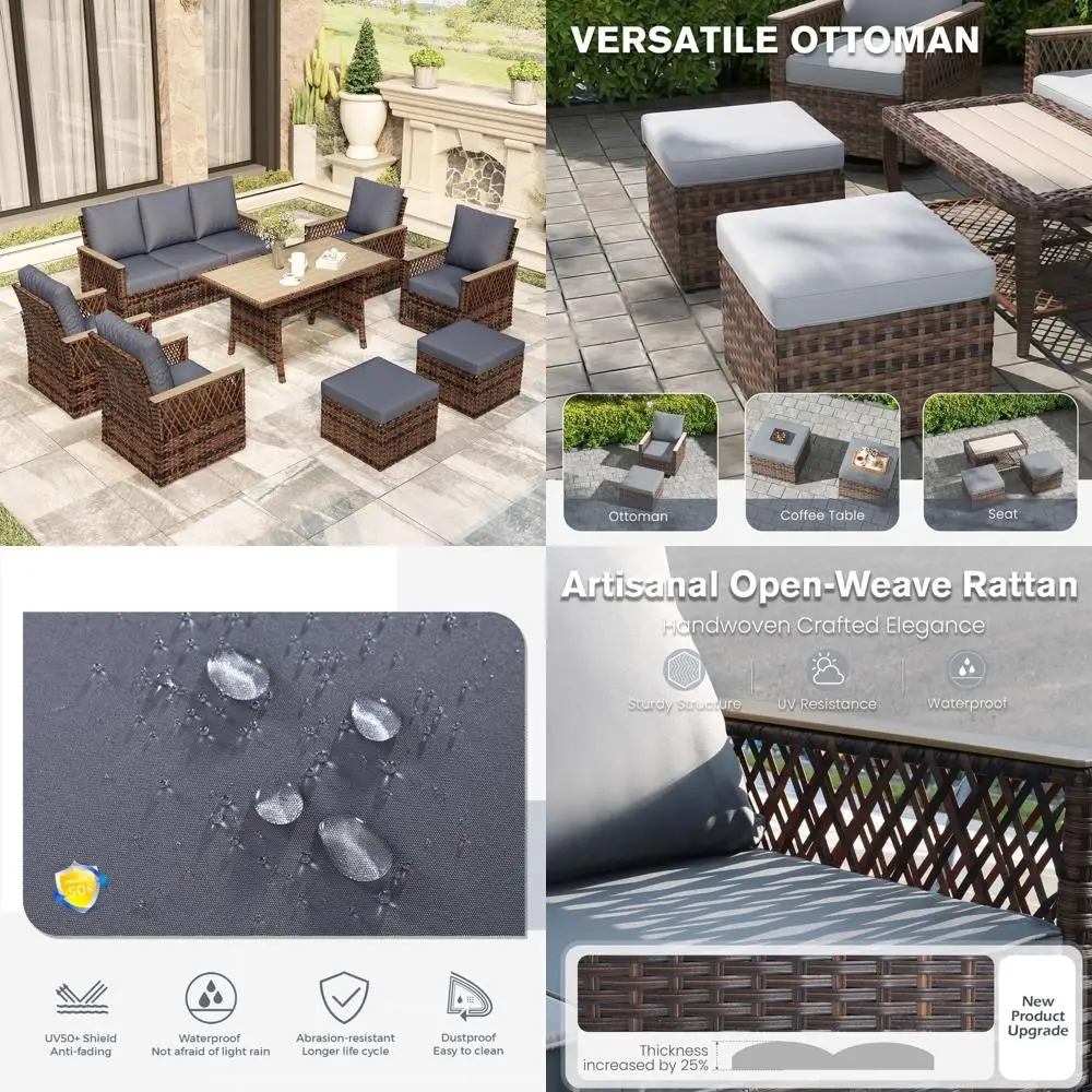 8 Pieces Patio urniture Set, Outdoor Wicker Chairs with Ottomans, 3-Seat Soa & Dining Table, All-Weather Contion Set with Water-
8 Pieces Patio urniture Set, Outdoor Wicker Chairs with Ottomans, 3-Seat Soa & Dining Table, All-Weather Contion Set with Water-