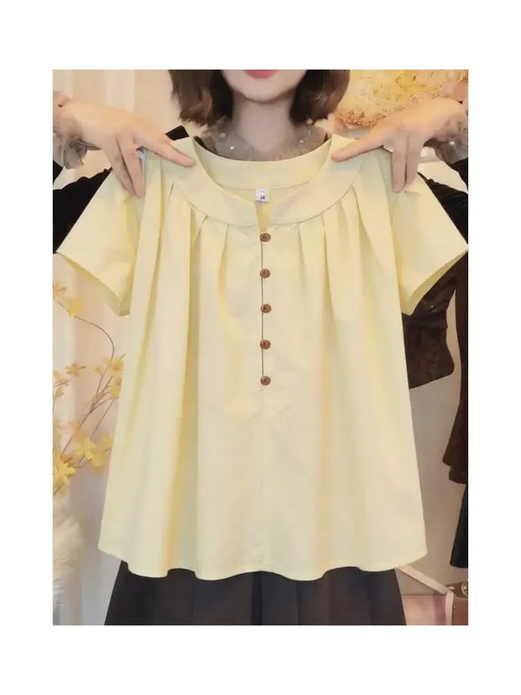 Sweet Style Pleated round Neck Short Sleeve Shirt Women's 2026 Summer New Anti-Aging Versatile Slimming Button up Top
Sweet Style Pleated round Neck Short Sleeve Shirt Women's 2026 Summer New Anti-Aging Versatile Slimming Button up Top