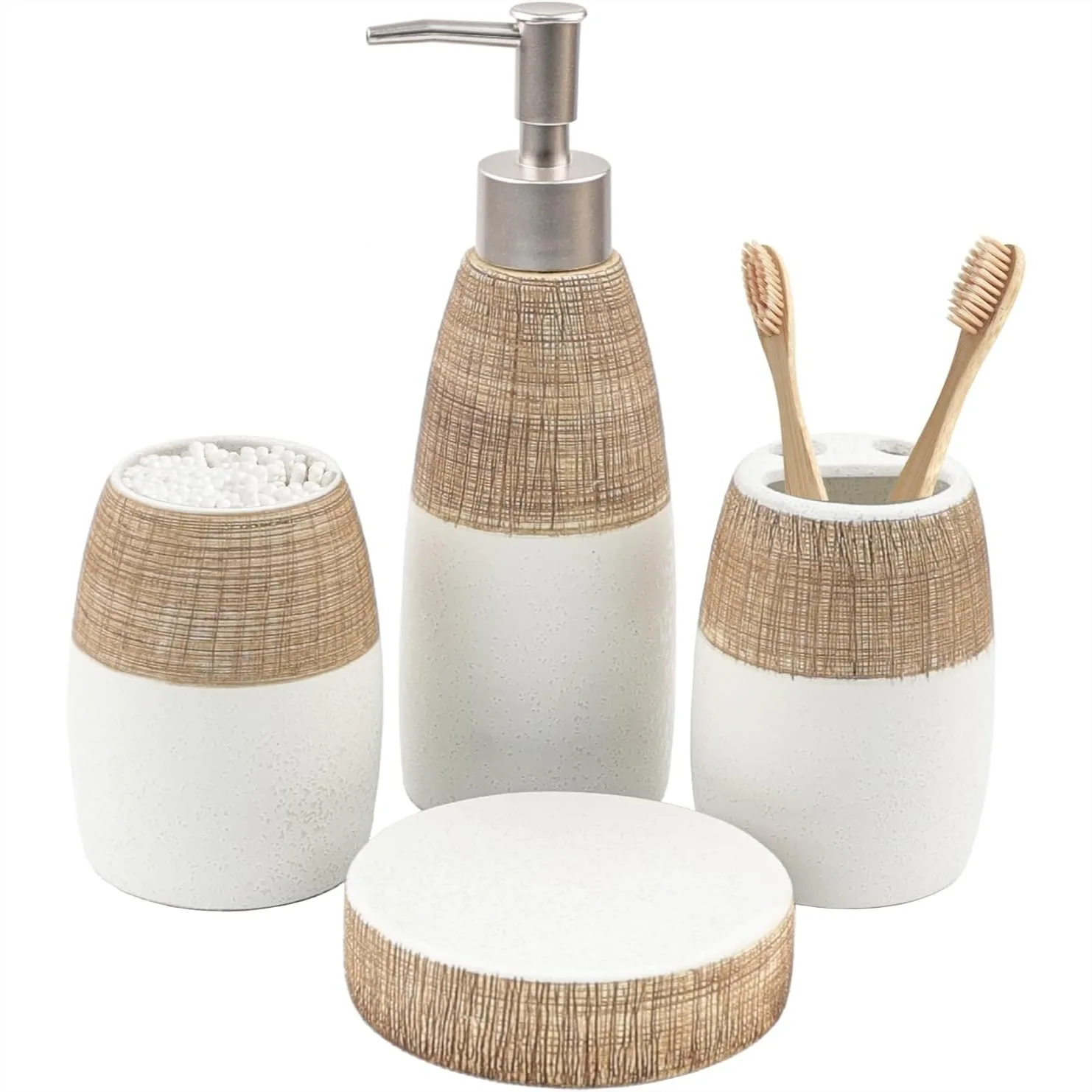 Ceramic Bathroom Accessories Set 4Pcs, Toothbrush Holder Cup Soap Dish for Countertop Decor, Housewarming Gift Brown White
Ceramic Bathroom Accessories Set 4Pcs, Toothbrush Holder Cup Soap Dish for Countertop Decor, Housewarming Gift Brown White