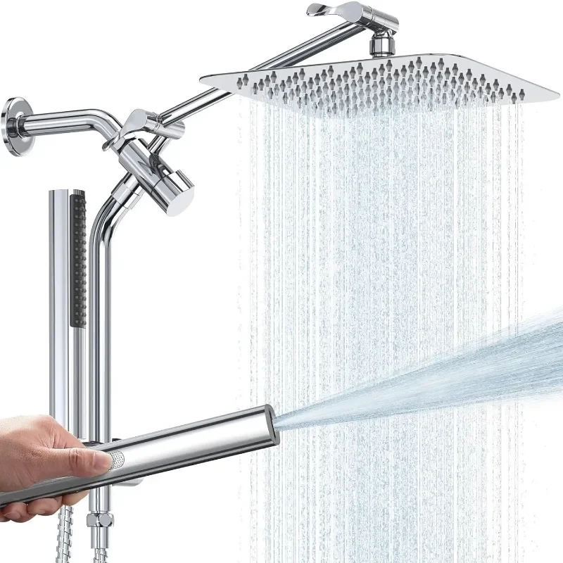 10'' All Metal Rain Shower Head with Handheld Spray Combo, Wide Square Shower Heads with Wand & Extension Arm, Bathroom
10'' All Metal Rain Shower Head with Handheld Spray Combo, Wide Square Shower Heads with Wand & Extension Arm, Bathroom