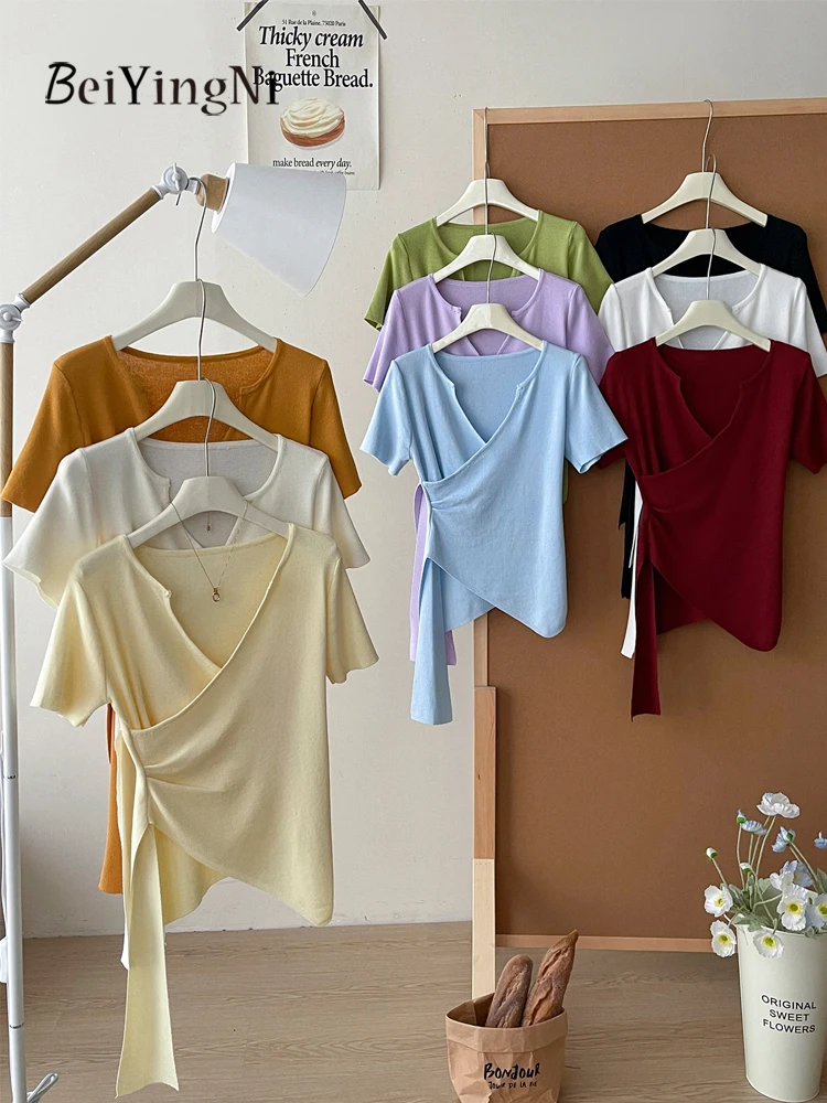 Beiyingni New Arrivals Women T-shirt Ribbon Irregular French Casual Korean Short Sleeve Knitted Tee Shirts Female V-neck Top
Beiyingni New Arrivals Women T-shirt Ribbon Irregular French Casual Korean Short Sleeve Knitted Tee Shirts Female V-neck Top