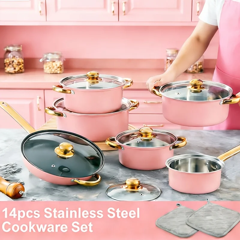 14-Piece Stainless Steel Cookware Set with Elegant Gold-Tone Handles – Non-Stick Pots, Pans & Lids, Induction-Compatible, Heat-Resistant Design, Ideal for Soups, Hotpots, Pasta, Seafood & More – Durable for Home, Kitchen & Outdoor Cooking
14-Piece Stainless Steel Cookware Set with Elegant Gold-Tone Handles – Non-Stick Pots, Pans & Lids, Induction-Compatible, Heat-Resistant Design, Ideal for Soups, Hotpots, Pasta, Seafood & More – Durable for Home, Kitchen & Outdoor Cooking
