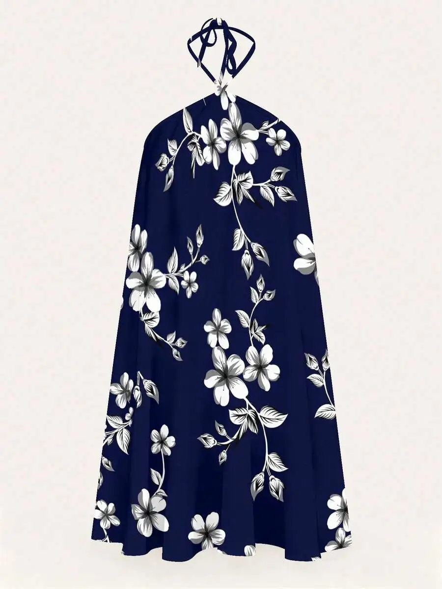 Womens Backless Halter Dress Blue With White Floral Print Casual Loose Fit
Womens Backless Halter Dress Blue With White Floral Print Casual Loose Fit