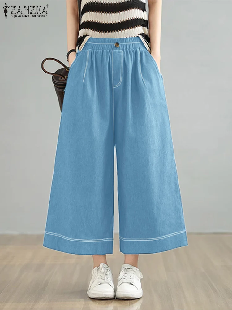 ZANZEA 2025 Spring Summer Denim-Look Wide Leg Pants Womens Loose Casual Contrast-Stitch Cropped Trousers Elastic Waist Capris
ZANZEA 2025 Spring Summer Denim-Look Wide Leg Pants Womens Loose Casual Contrast-Stitch Cropped Trousers Elastic Waist Capris
