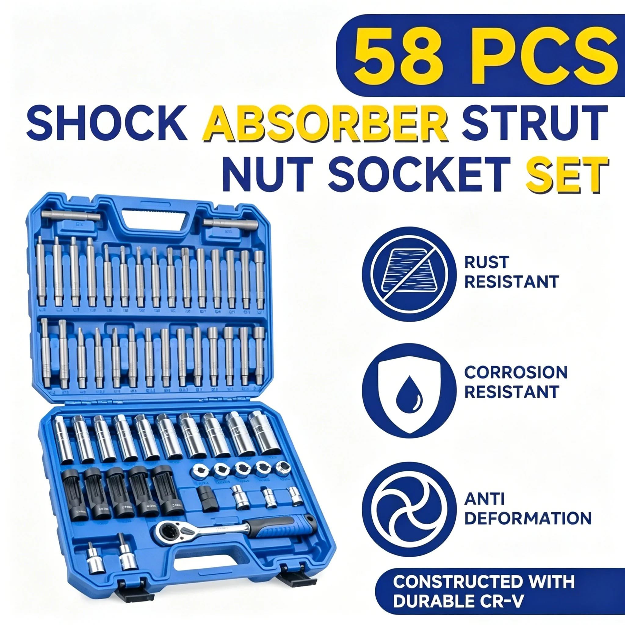 58-Piece Car Shock Absorber Strut Nut Socket Set Steering Hub Suspension Removal Tool Kit for Automotive Maintenance
58-Piece Car Shock Absorber Strut Nut Socket Set Steering Hub Suspension Removal Tool Kit for Automotive Maintenance