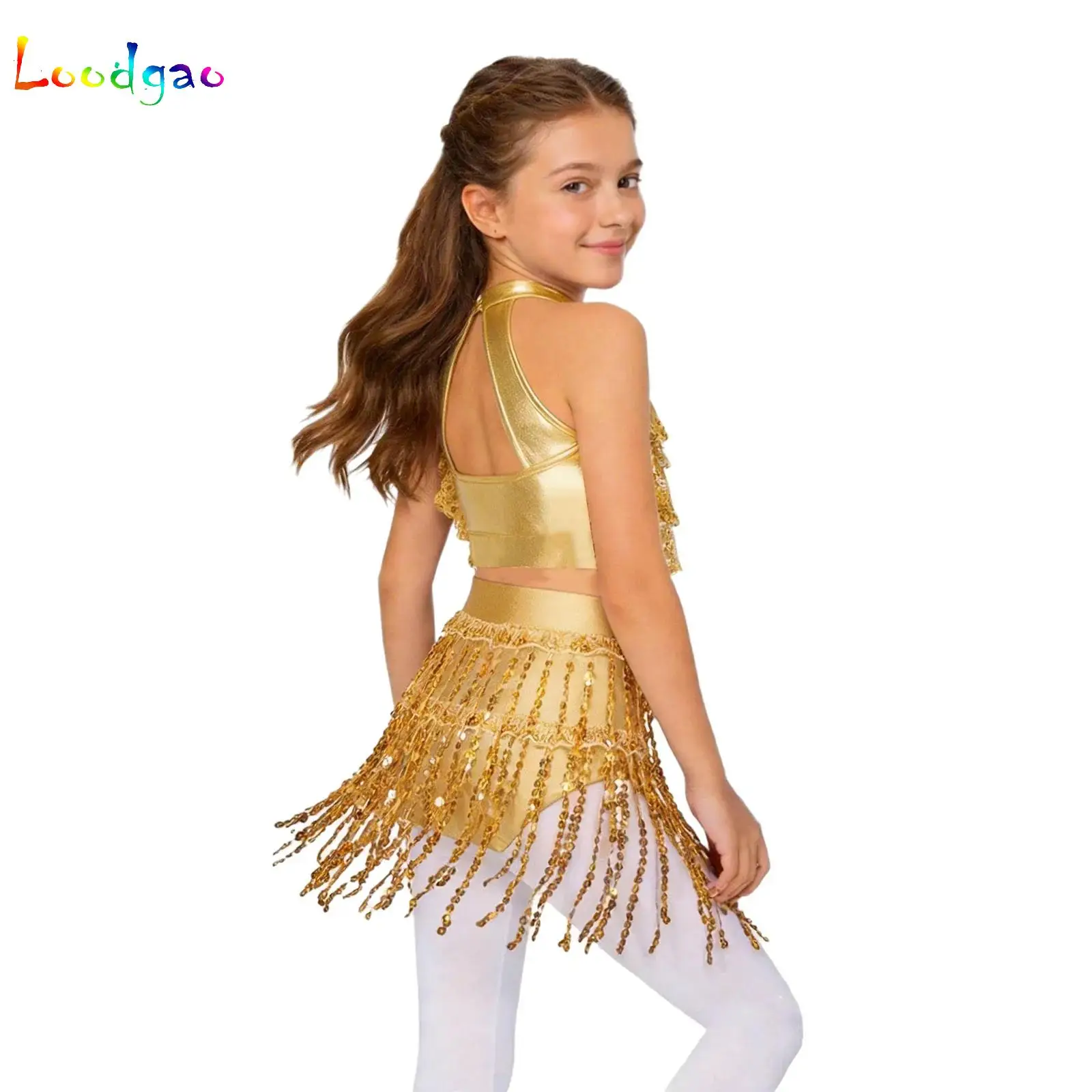 Kids Girls 70s Disco Costume Jazz Dance Performance Outfits Shiny Sequin Sleeveless Vest Crop Top with Tiered Tassel Skirts Set
Kids Girls 70s Disco Costume Jazz Dance Performance Outfits Shiny Sequin Sleeveless Vest Crop Top with Tiered Tassel Skirts Set