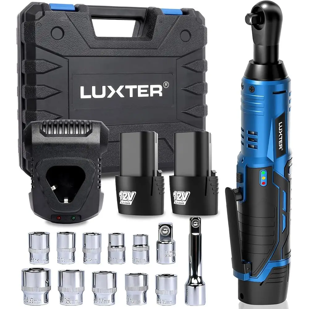 12V Compact 3/8 Ratchet Wrench Set, 45t-lbs Torque, 2x 2000mAh Batteries, 10 Sockets & Extension
12V Compact 3/8 Ratchet Wrench Set, 45t-lbs Torque, 2x 2000mAh Batteries, 10 Sockets & Extension