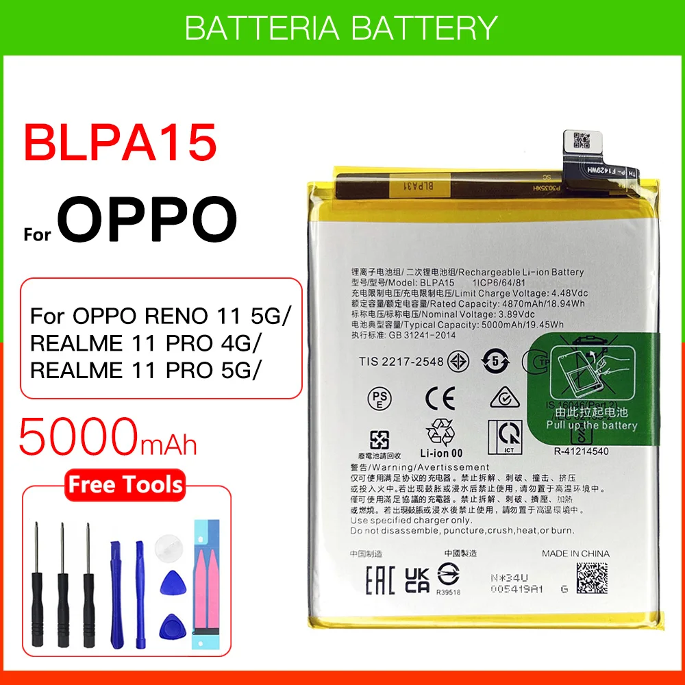 100% Original Genuine capacity 3.89V 5000mAh BLPA15 For Realme 11 Pro, RMX3770, RMX3771 Mobile Phone Batteries +Tools
100% Original Genuine capacity 3.89V 5000mAh BLPA15 For Realme 11 Pro, RMX3770, RMX3771 Mobile Phone Batteries +Tools
