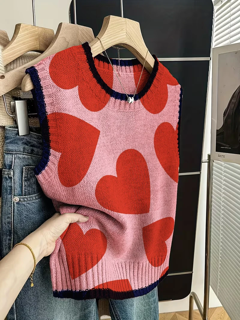 Sweet Red Heart Print Knitted Vest, Women's Retro Round-Neck Sleeveless Sweater, Summer Outdoor Casual Cover-Up, Y2K Style, Trendy Vacation Street Style Essential
Sweet Red Heart Print Knitted Vest, Women's Retro Round-Neck Sleeveless Sweater, Summer Outdoor Casual Cover-Up, Y2K Style, Trendy Vacation Street Style Essential