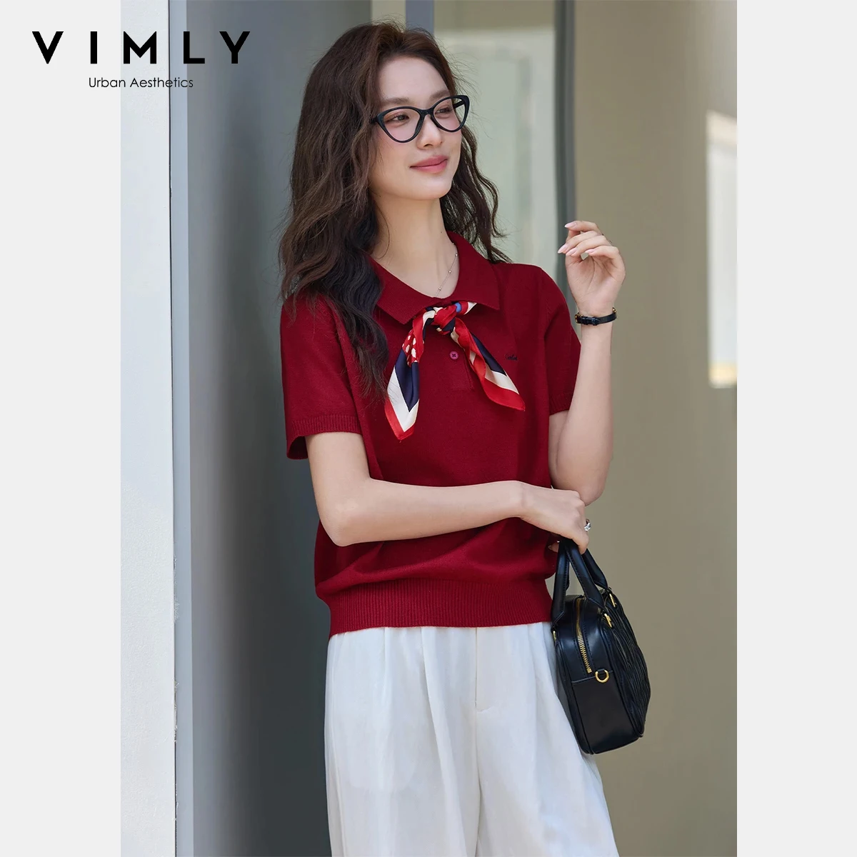VIMLY Women's Red Commute Knit T-shirt 2026 Spring New Casual Polo Collar Preppy Detachable Scarf Short Sleeve Cropped Top A3876
VIMLY Women's Red Commute Knit T-shirt 2026 Spring New Casual Polo Collar Preppy Detachable Scarf Short Sleeve Cropped Top A3876