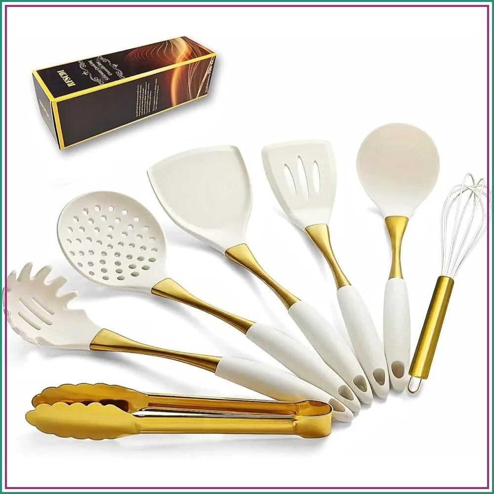 White Gold Silicone Cooking Utensils Set - Non-Toxic, Dishwasher Safe, Heat Resistant Handles, Includes Spatula & Spoon for Nonstick Cookware
White Gold Silicone Cooking Utensils Set - Non-Toxic, Dishwasher Safe, Heat Resistant Handles, Includes Spatula & Spoon for Nonstick Cookware