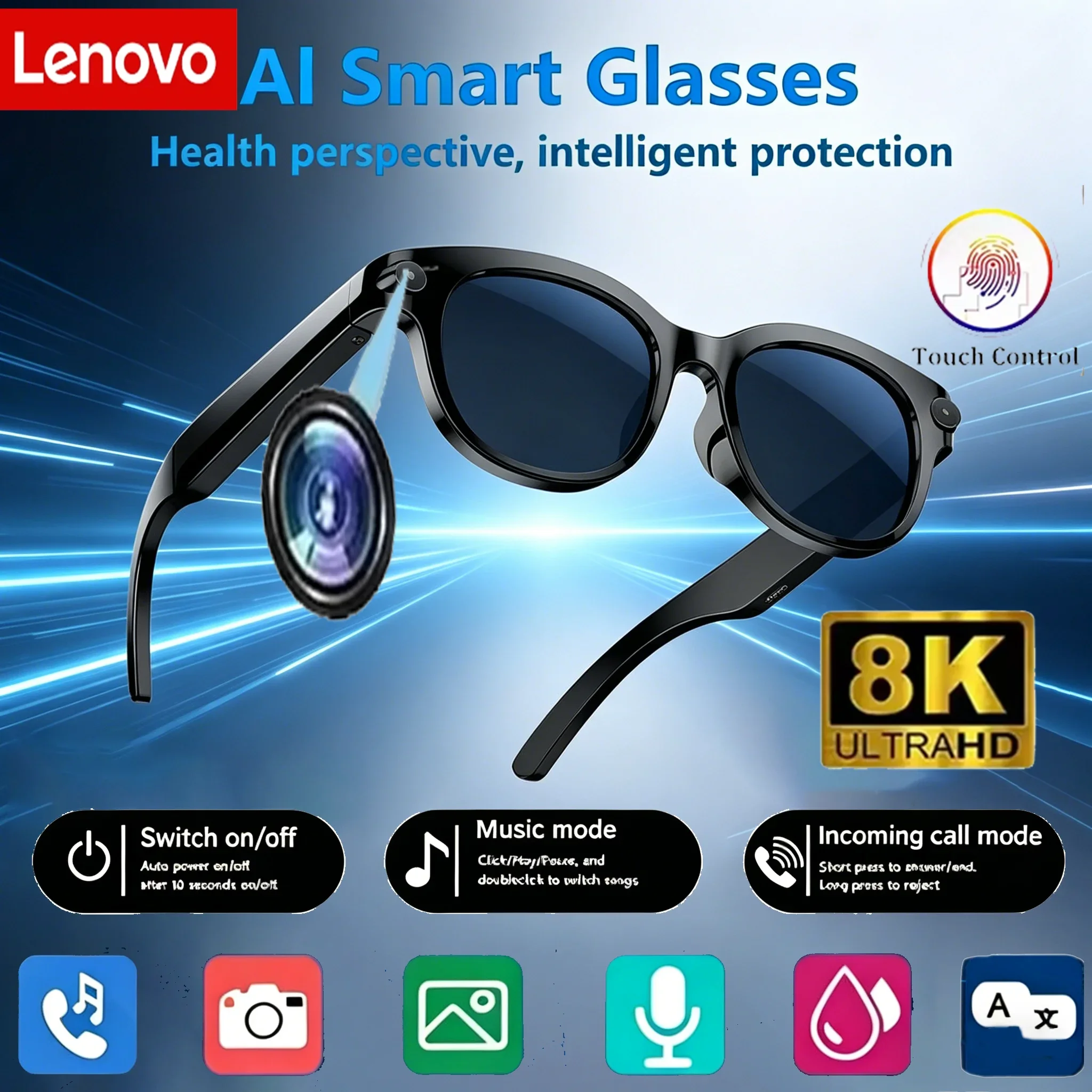 Lenovo Wireless Bluetooth5.3 Sunglass AI 8K Smart Camera Glasses Translator Voice Assistant Remote Control Touch Photo Recording